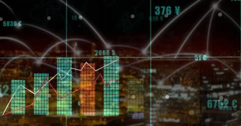 Displaying data overlay over urban skyline at night, with bar charts, line Ilustração Stock