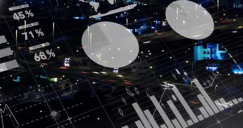 Displaying data overlay over urban roadway at night, showing nodes, charts, Ilustración de archivo