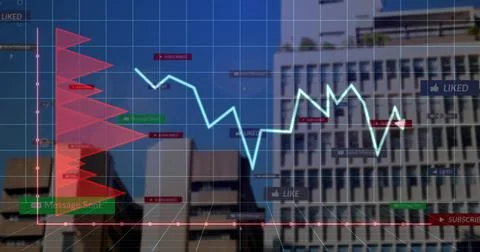 Displaying data overlay over urban office skyline, with cyan line, red Stock Photos