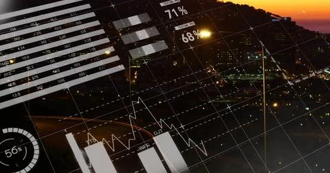Displaying data overlay projecting bars line grid gauge with 71% or 68% or 56% Stock Photos