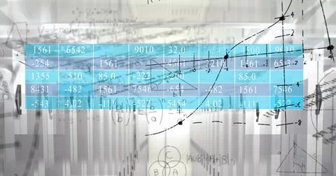 Displaying data overlay showing numeric tables and math graphs in data center Stock Photos