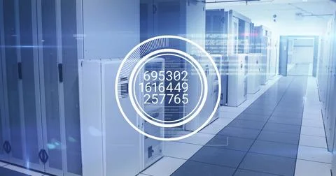 Displaying data overlay showing system metrics in data center aisle, with server Stock Photos
