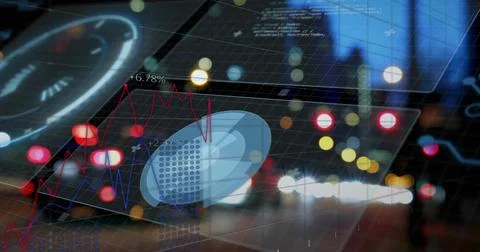 Displaying data overlay on smartphone-screen at city night street, with Stock Illustration