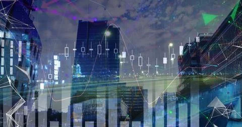 Displaying data overlay spanning downtown skyline, with towers, candlestick Ilustración de archivo