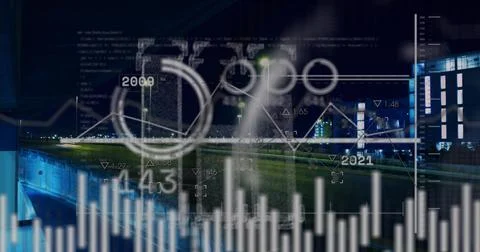 Displaying data overlay spanning night urban bridge, showing bar chart, line Foto stock