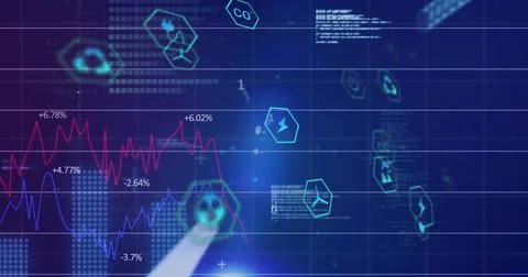 Displaying data overlay undulating on dashboard with red and blue charts, Illustrazione stock