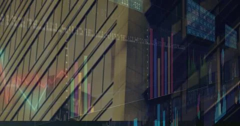 Displaying data overlay with vertical beams on tower, showing bar charts line イラスト素材