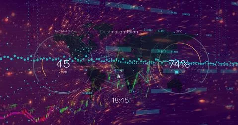 Displaying data overlay at virtual dashboard, with circular gauges, line chart Foto stock
