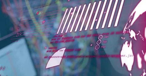 Displaying data overlay at workstation, showing code, bars, chevron, calendar 스톡 사진