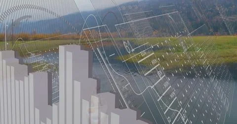 Displaying data overlaying lakeside meadow and forested hills, with 3D bar Stock Photos
