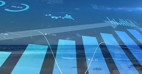 Displaying data overlaying ocean, showing bars and line graph, progress circle, Stock Illustration