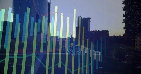 Displaying data overlaying skyline at twilight, showing grid lines, green and Stock Photos