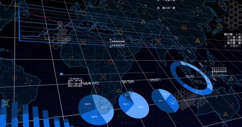 Displaying data overlaying world map on dashboard with pie and ring charts, bar Foto stock