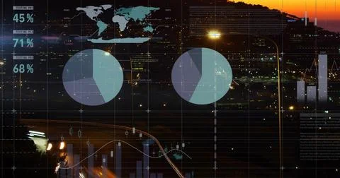 Displaying data overlays on dusky city highway, with pie charts, world map, bar Stock Photos
