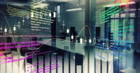 Displaying data overlays floating over open office, with candlesticks, bars, Illustrazione stock