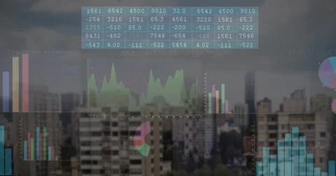 Displaying data overlays over high-rise buildings showing numeric matrix, green Stock Photos