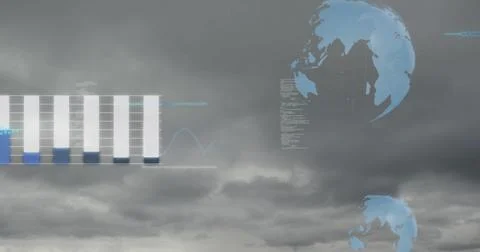 Displaying data overlays under grey sky, with bar chart, globe icons, code text, 写真素材