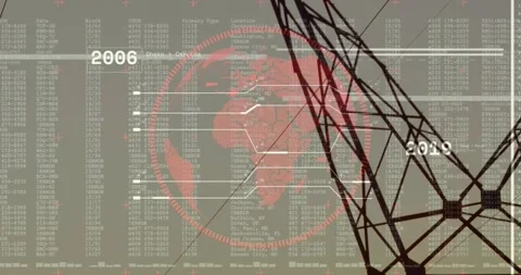 Displaying data panel featuring pixelated world, error code columns, HUD circle, 動画素材 328507660