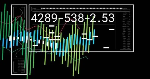 Displaying data panel on PC screen, showing bars, red line, teal graph, Foto stock