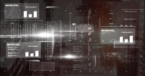 Displaying data panel showing bar charts, code snippets and vertical data flow Stockfoto's