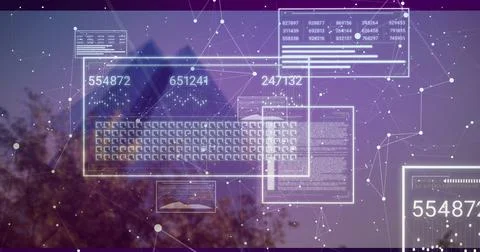 Displaying data panel showing charts with numbers overlaying tree-lined dusk Foto stock