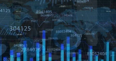 Displaying data panel at trading desk, with bar charts, line graph and world map Stock Photos