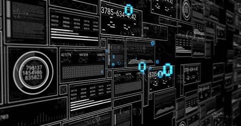 Displaying data panels and line graphs in digital control wall, showing cyan Stock Illustration