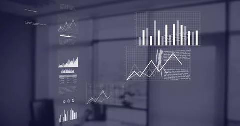 Displaying data panels centering in modern office, showing bar and line charts Foto stock