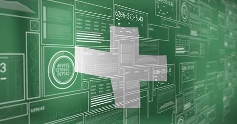 Displaying data panels intersecting plus symbol on green interface, showing Stock Illustration