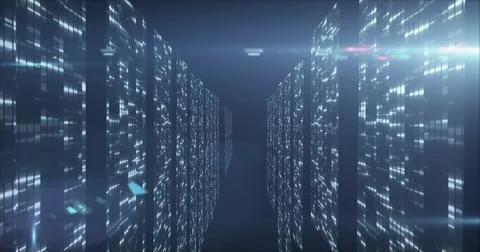 Displaying data panels lining virtual corridor, with glowing matrix dots and Foto stock