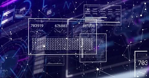 Displaying data panels with numerical readouts and bar charts at office desk, Illustrazione stock