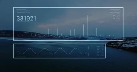 Displaying data panels over rocky coastline at dusk, showing numeric readout, 스톡 사진