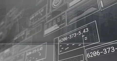 Displaying data panels showing alphanumeric codes, charts over urban skyline, 스톡 사진