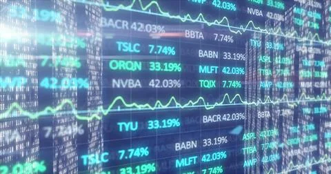 Displaying data panels showing ticker symbols and trend line graphs in financial Foto stock