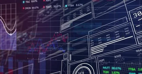 Displaying data panels in trading interface with graphs, gauges, tables and Illustrazione stock