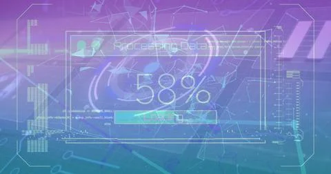 Displaying data processing progress at 58% on digital interface with graphics Stock Photos