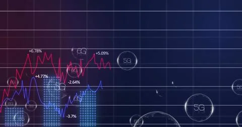 Displaying data with red and blue line graphs on dark blue grid, percentage 写真素材