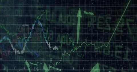 Displaying data rising on screen, with colored line graphs, candlesticks and Stock Photos