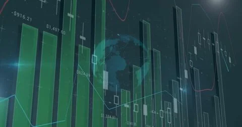 Displaying data on screen with green bars, candlesticks, trend lines, globe map Stock Photos