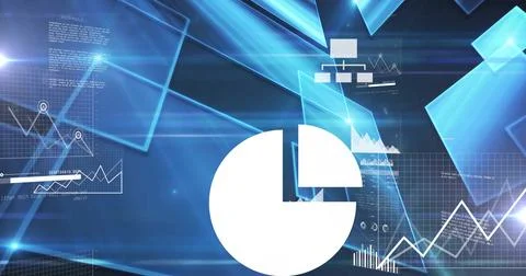 Displaying data on screen showing pie chart slice, zigzag line graph, bars and Foto stock