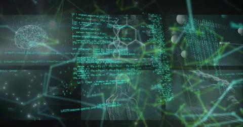Displaying data showing vertical DNA helix, faint torso, code and brain Stock Photos