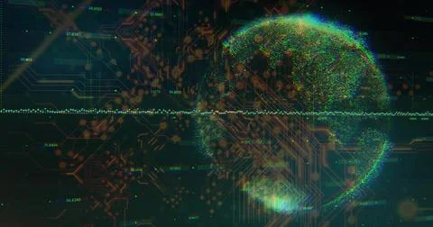 Displaying data sphere intersecting green waveform with orange traces on Stock Illustration