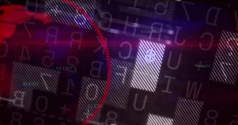 Displaying data on striped grid, with floating letters green numbers, red arc, Stock Photos