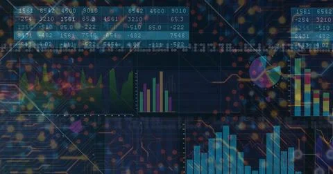 Displaying data tables, bar, pie and line charts with data points at interface, Foto stock
