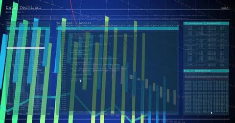 Displaying data terminal interface at center, showing panel with bar chart, Illustrazione stock