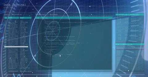 Displaying data terminal over server racks, showing code editor, left ID table, Stockfoto's
