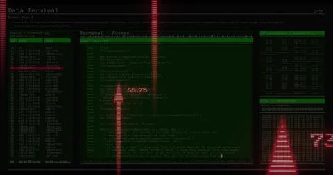 Displaying Data Terminal UI with central code pane, left entries, right hex dump 스톡 사진