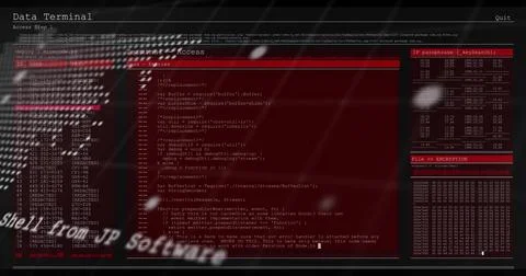 Displaying data terminal UI showing red console with code, left ID list, right イラスト素材