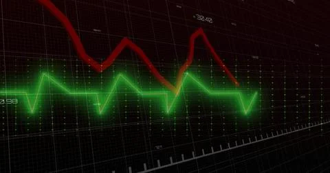 Displaying data traces moving across dashboard, showing neon green waveform, red 库存插图