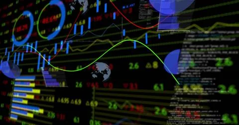 Displaying data on trading platform with candlesticks, neon line graph and Stock Illustration